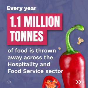 The words 'Every year 1.1 million tonnes of food is thrown away across the Hospitality and Food Service sector' are on a blue background. There is half a chilli and a slice of red chilli in the bottom right.