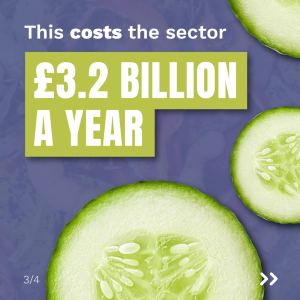 The words 'Almost 75% of food wasted could have been eaten.' are in the top half of the image on a blue background. There are cut fresh lemons around the edges.